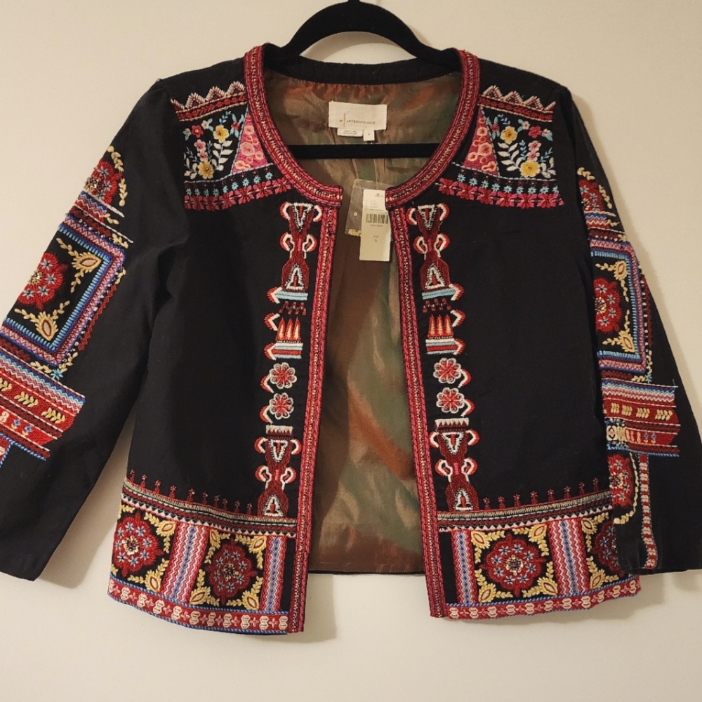Anthropologie NWT $180 Abstract Colorful Embroidered Floral Cotton Boho Jacket S - Picture 6 of 11